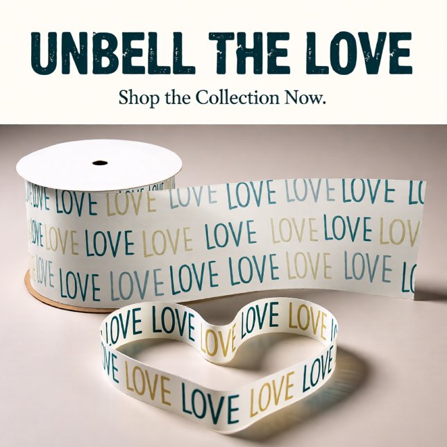 Grüne und beige liebende Herzen Satinband (Modern LOVE Repeating Pattern in Teal and Gold Satin Ribbon)