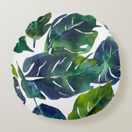Grüne und blaue Foliage Philodendron Botanical Rundes Kissen