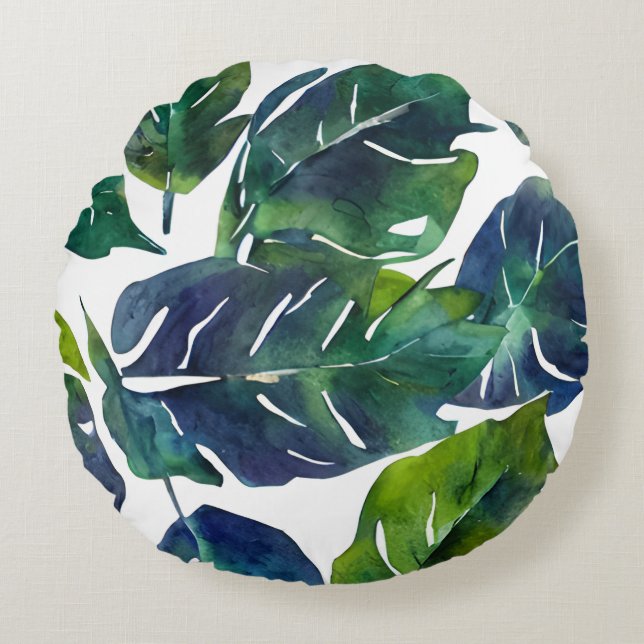 Grüne und blaue Foliage Philodendron Botanical Rundes Kissen (Vorderseite)