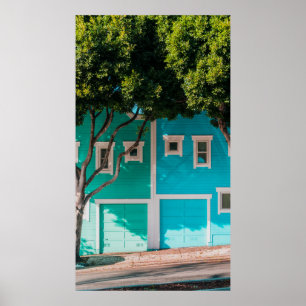 Grüne und blaue Häuser neben Bäumen auf der Straße Poster