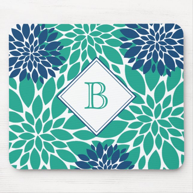 Grüne und blaue moderne Blooms erste Monogramm Mousepad (Vorne)