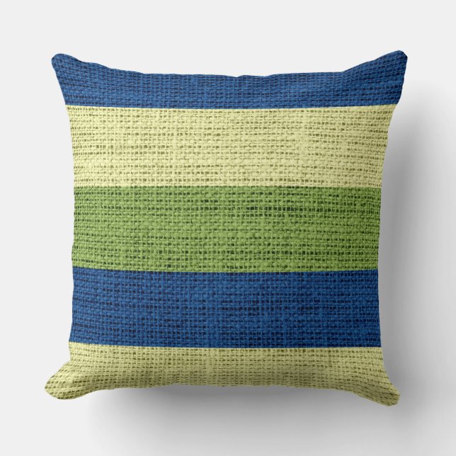 Grüne und blaue Streifen Burlap Linen Rustic Jute Kissen (Vorderseite)