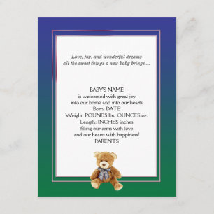 Grüne und blaue Teddybär-Baby-Mitteilung Ankündigung
