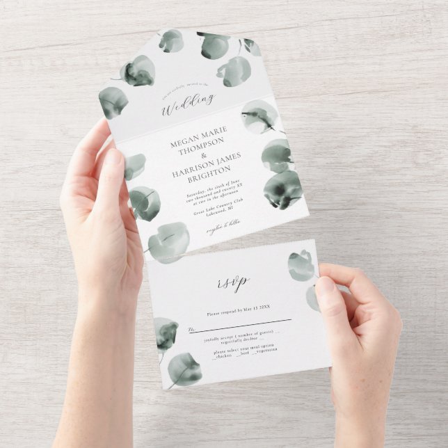 Grüne und Eukalyptus Wedding Einladung (Abreißen)