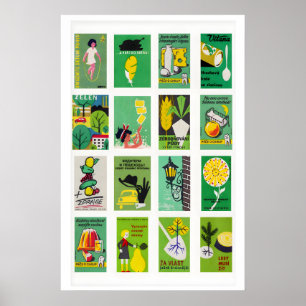 Grüne und gelbe Matchbox-Etiketten-Collage, sonnig Poster