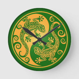 Grüne und gelbe Yin Yang Geckos Runde Wanduhr