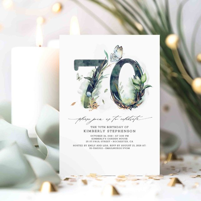 Grüne und Gold 70. Geburtstag Einladung (70th birthday invitations with beautiful greenery)