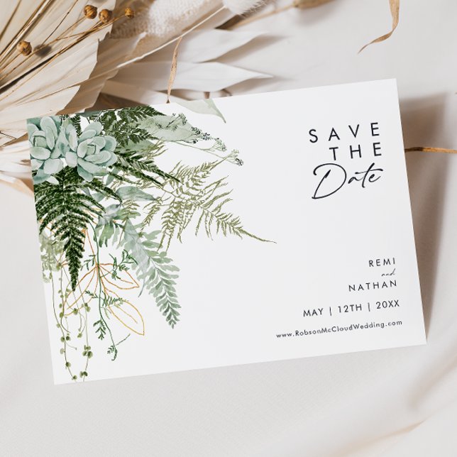 Grüne und Gold-Blätter-Script horizontal Save The Date (Von Creator hochgeladen)