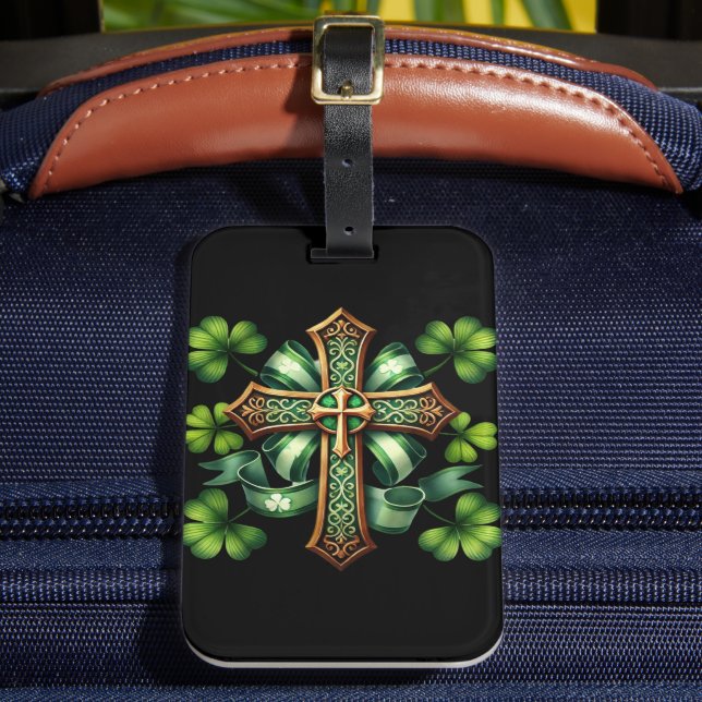GRÜNE UND GOLD IRISH CELTIC CROSS & RIBBONS GEPÄCKANHÄNGER (Vorderseite Insitu 2)
