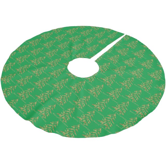 Grüne und goldene Bäume Frohe Weihnachten Polyester Weihnachtsbaumdecke (Schrägansicht)