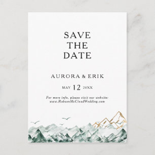 Grüne und goldene Berg-Save-the-Date-Postkarte Einladungspostkarte