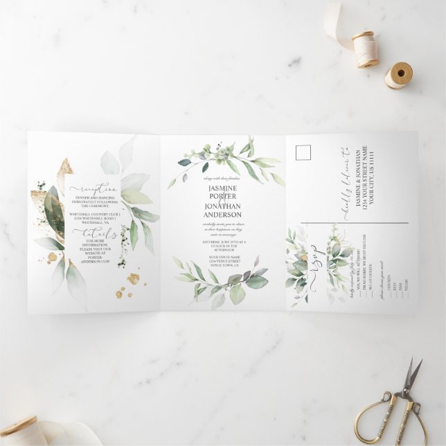 Grüne und goldene Blätter Botanicals Hochzeit Dreifach Gefaltete Einladung (Innenseite)
