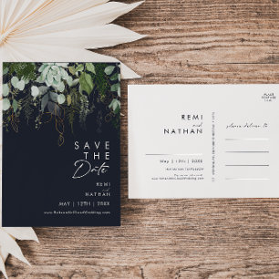 Grüne und goldene Blattschrift Navy Save the Date Einladungspostkarte