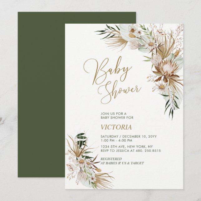 Grüne und goldene Boho Botanische Babydusche Einla Einladung (Vorne/Hinten)