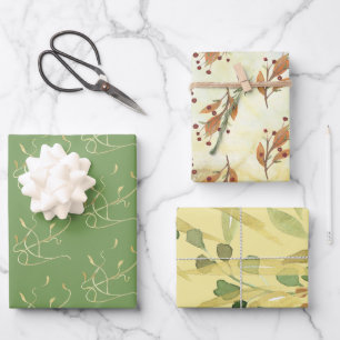 Grüne und goldene botanische Aquarell-Mischung Geschenkpapier Set