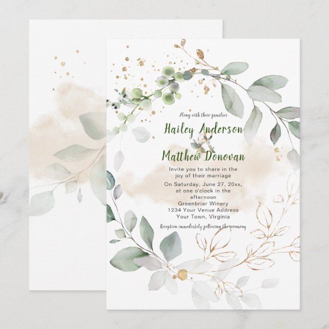 Grüne und goldene Botanische Hochzeit | Einladung (Vorne/Hinten)