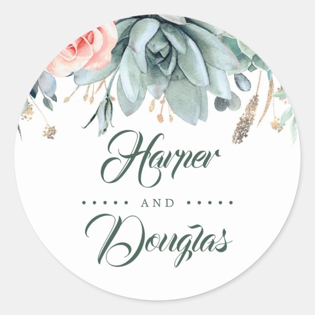 Grüne und goldene Botanische Hochzeit Runder Aufkleber (Vorderseite)