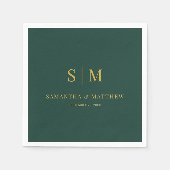 Grüne und goldene einfache Couple-Initials Hochzei Serviette (Vorderseite)
