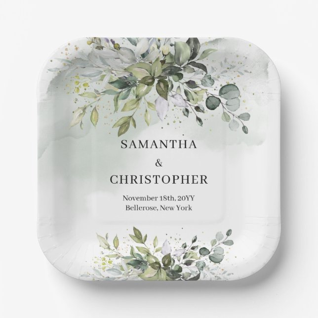 Grüne und goldene Eukalyptusblätterchic Pappteller (Vorderseite)