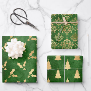 Grüne und goldene Folien-Winter-Weihnachtsmuster Geschenkpapier Set