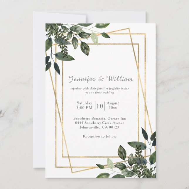 Grüne und goldene geometrische Hochzeit Einladung (Vorderseite)