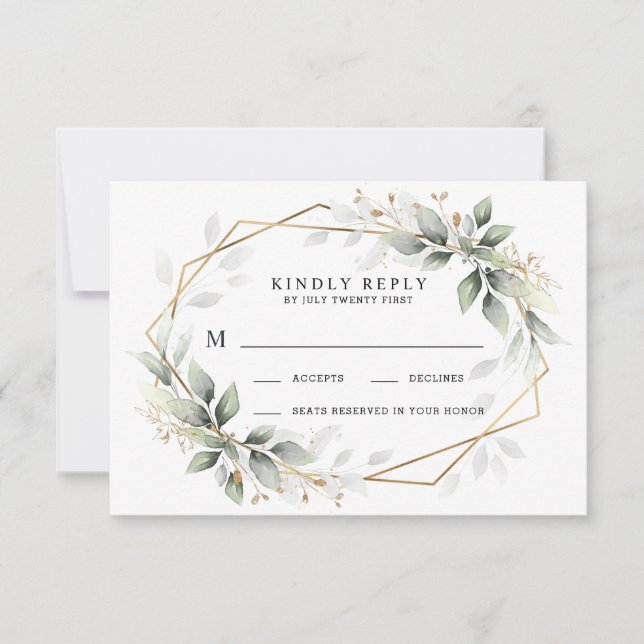 Grüne und goldene geometrische Hochzeit RSVP Karte (Vorderseite)
