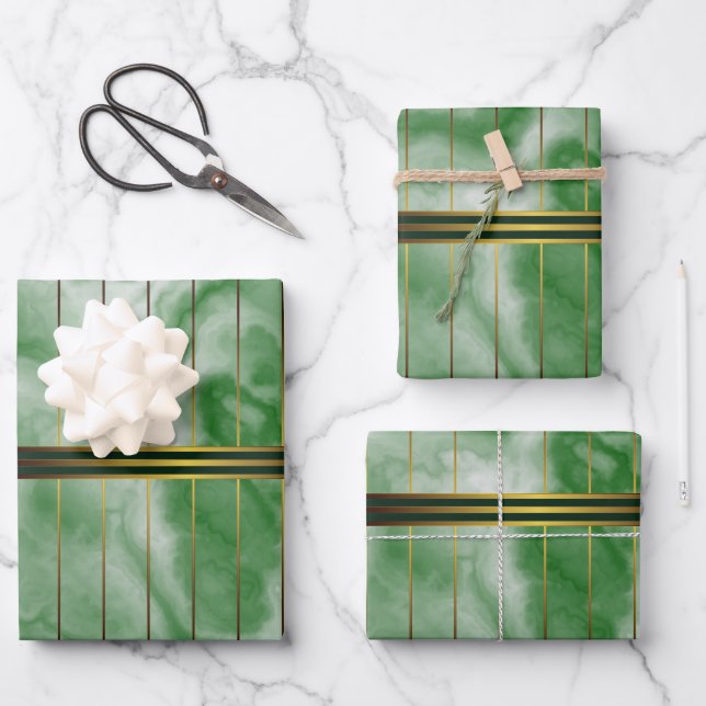 Grüne und goldene geometrische Streifen Smaragdmar Geschenkpapier Set (Vorderseite)