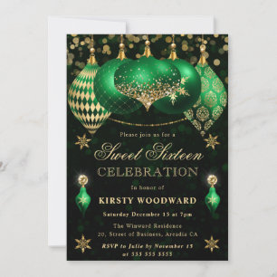 Grüne und goldene Glitter-Kugeln Sweet Sixteen Einladung