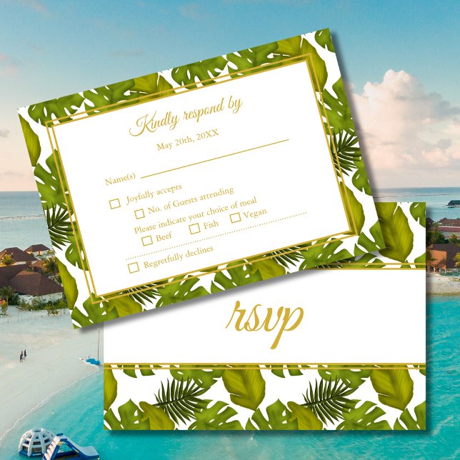 Grüne und goldene Hochzeit tropischer Blätter RSVP Karte (Von Creator hochgeladen)