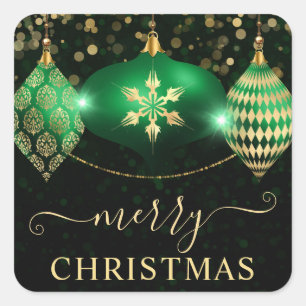Grüne und goldene Ornamente Baubles Weihnachten Quadratischer Aufkleber