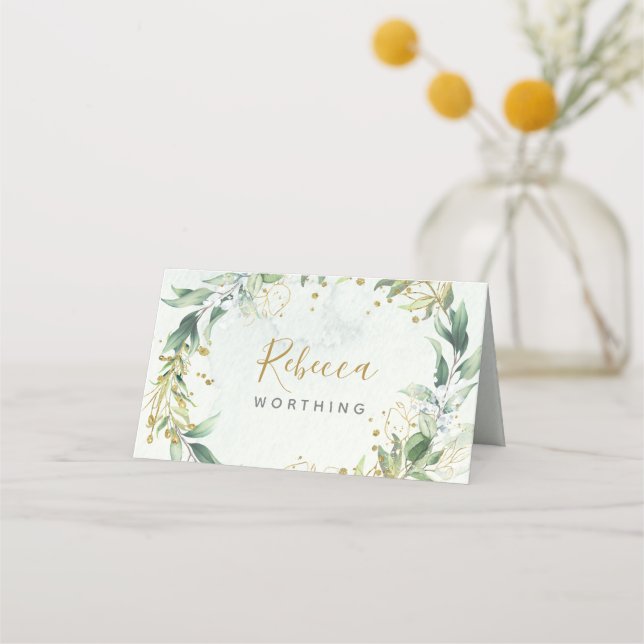 Grüne und goldene Platzkarte, Hochzeit Platzkarte (Vorderseite)