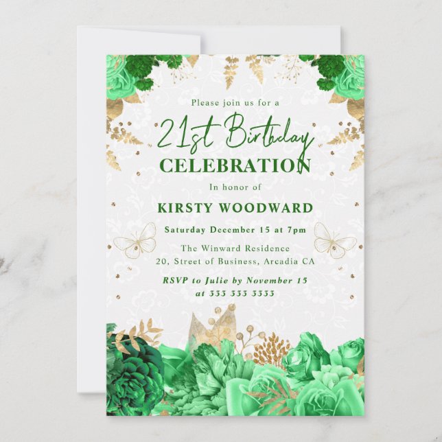 Grüne und goldene Rose Blumengebäck 21. Einladung (Vorderseite)