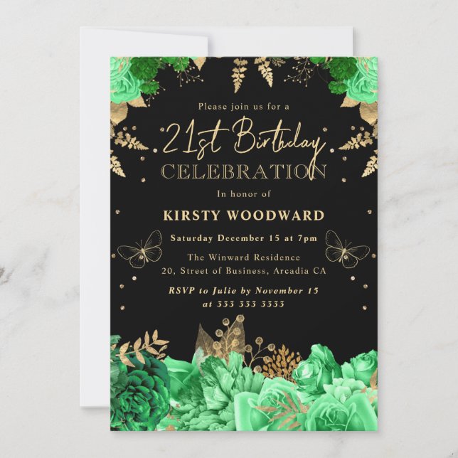 Grüne und goldene Rose Blumengebäck 21. Einladung (Vorderseite)