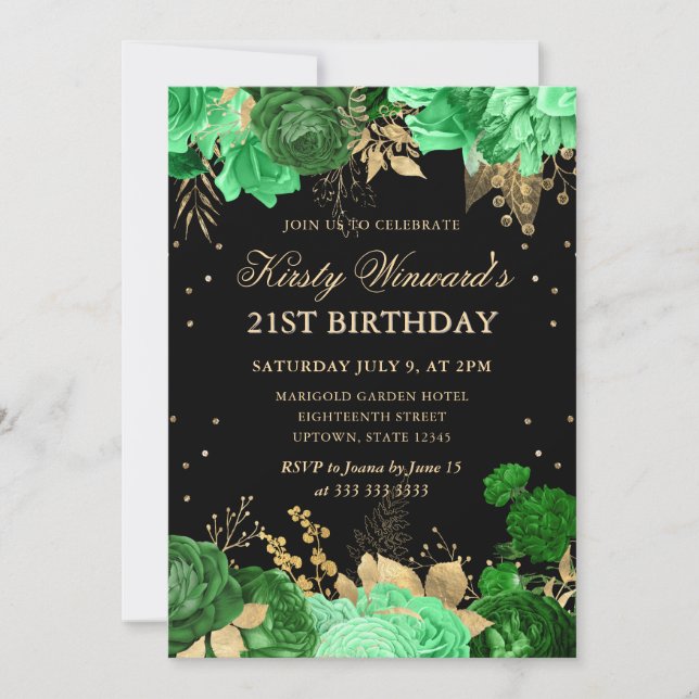 Grüne und goldene Rose - Blumengestein 21. Geburts Einladung (Vorderseite)