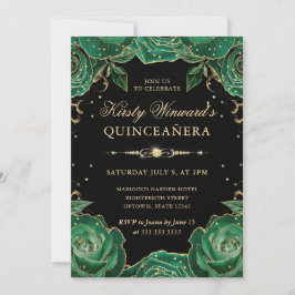 Grüne und goldene Rose Blumenquinceanera Einladung