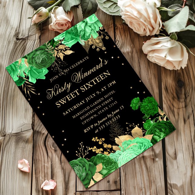 Grüne und goldene Rose - Grenz-16 . Geburtstag Einladung (Von Creator hochgeladen)