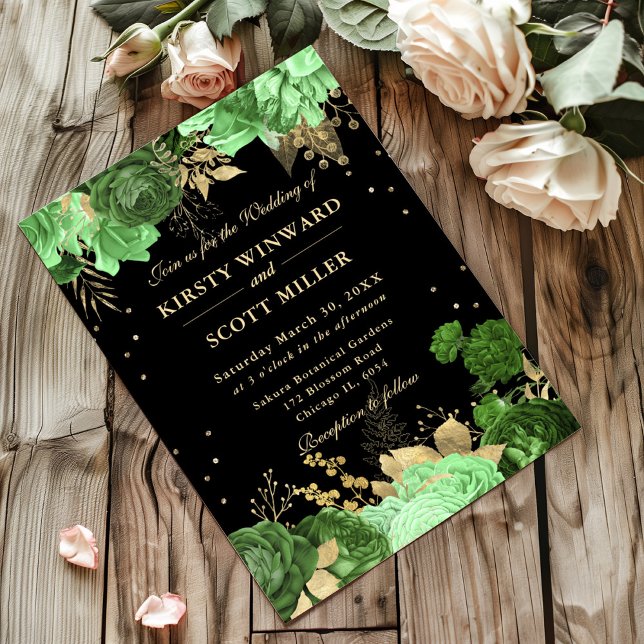 Grüne und goldene Rose Grenz-Blumenhochzeit Einladung (Von Creator hochgeladen)