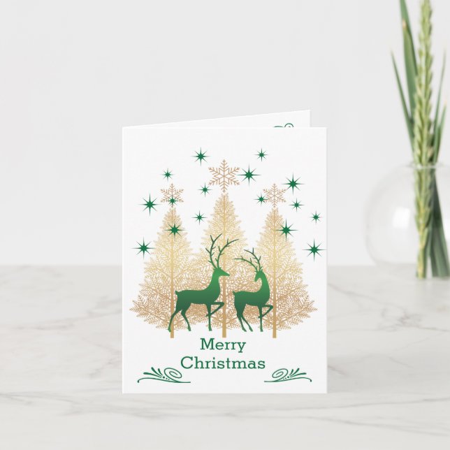 Grüne und goldene Weihnachtsbaume, Rentiere Karte (Vorderseite)