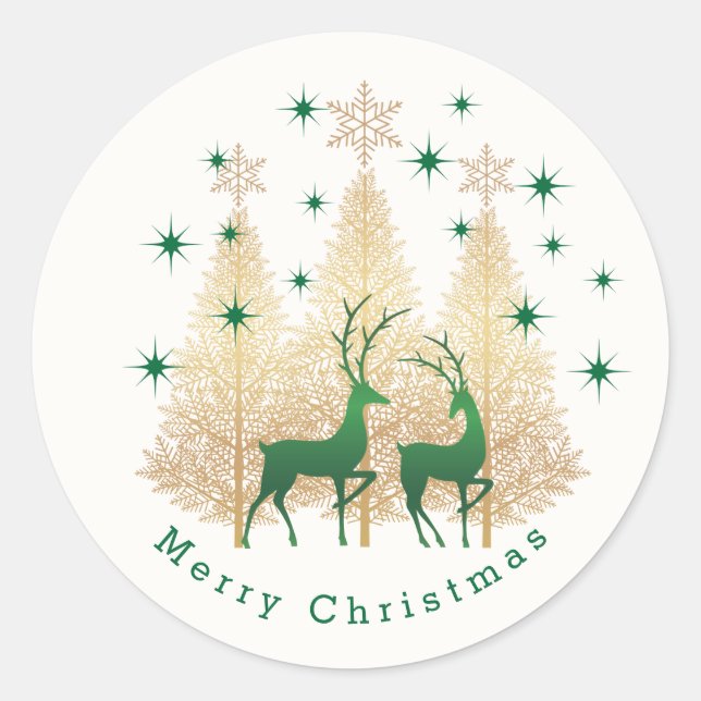 Grüne und goldene Weihnachtsbaume, Rentiere Runder Aufkleber (Vorderseite)