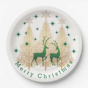 Grüne und goldene Weihnachtsbaume, Rentiere, Schne Pappteller