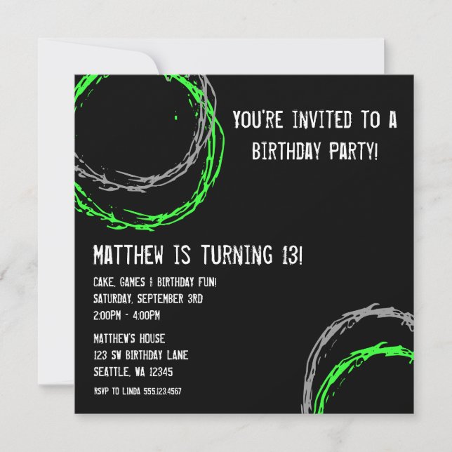 Grüne und graue Grunge Circles Boy Birthday Party Einladung (Vorderseite)