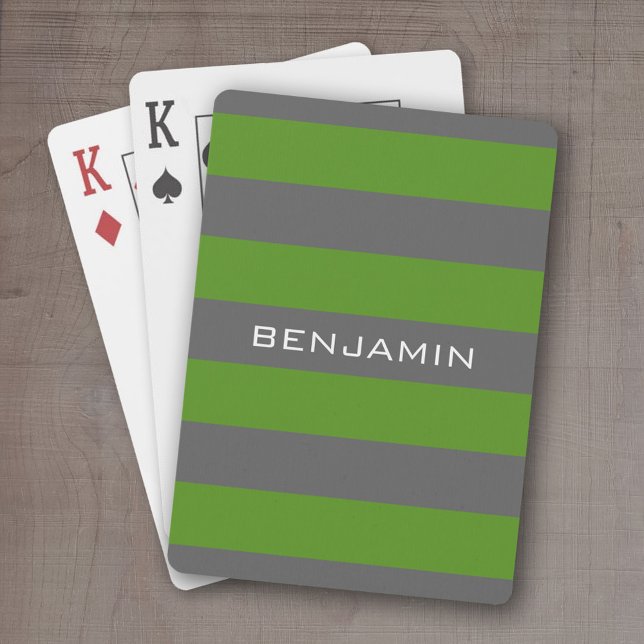 Grüne und graue Rugby Streifen mit Individuelle Na Spielkarten (Personalized playing cards - sporty, preppy stripe pattern with name. Great gift for the guys!)
