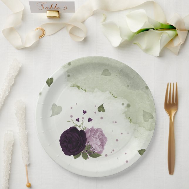 Grüne und helle violette Blumen Pappteller (Hochzeit)