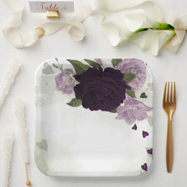 Grüne und helle violette Blumen Pappteller (Hochzeit)