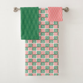 GRÜNE UND KORALE PATTERN & STREIFEN BADHANDTUCH SET