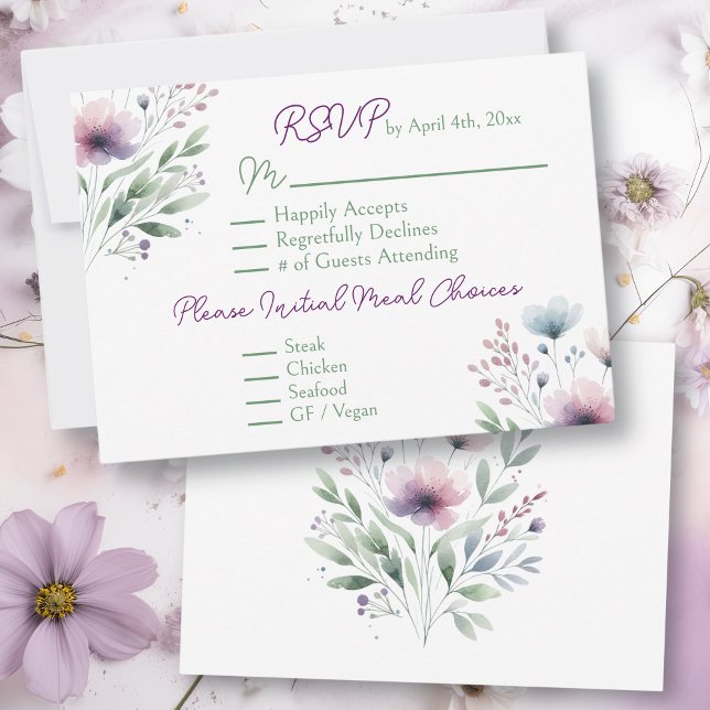 Grüne und Lila botanische Hochzeit RSVP Karte (Von Creator hochgeladen)