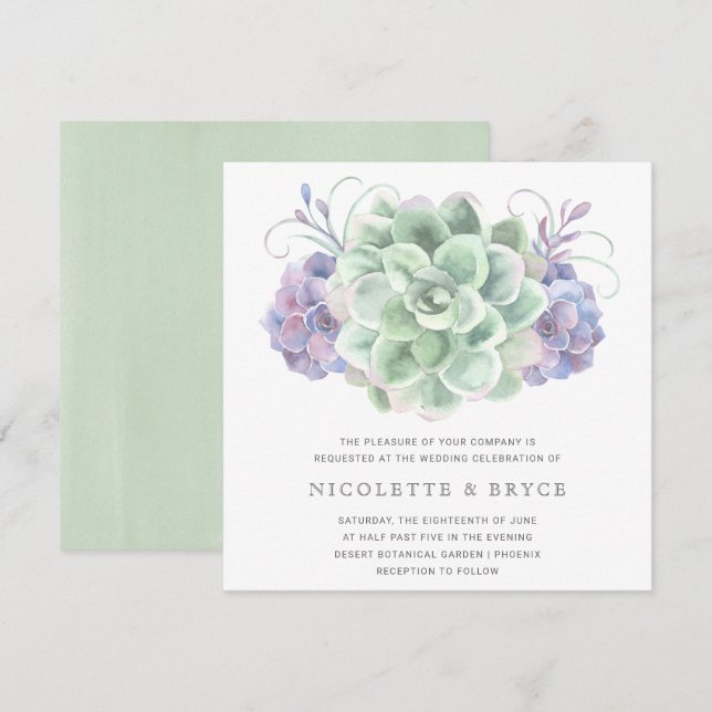 Grüne und Lila Sukkulente Bouquet Square Hochzeit Einladung (Vorne/Hinten)