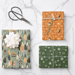 Grüne und orange lustige Weihnachtswald-Dorf Geschenkpapier Set