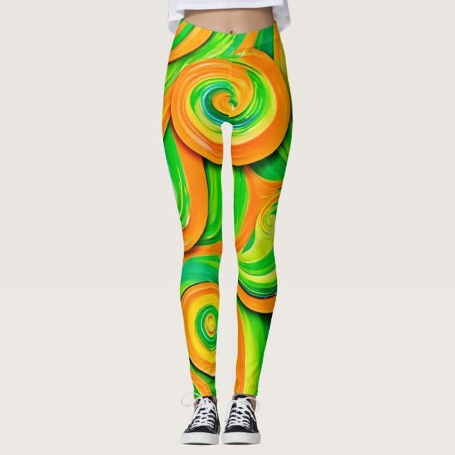 Grüne und orange Spirale Leggings (Vorderseite)