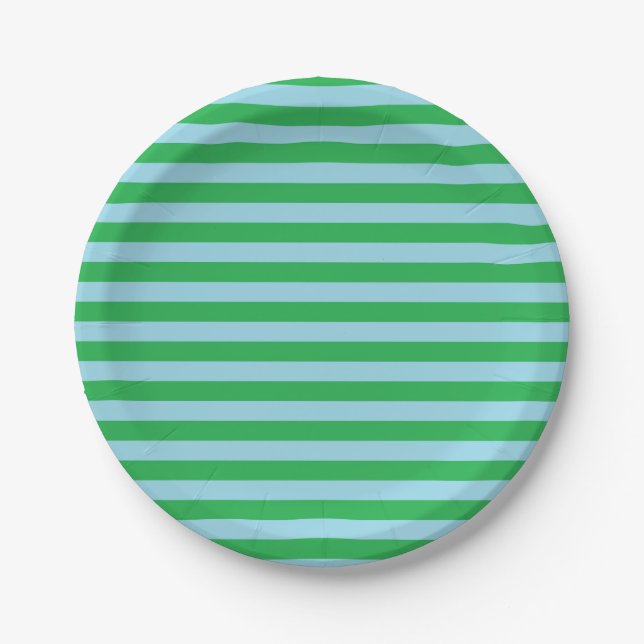 Grüne und pastellblaue Streifen Pappteller (Vorderseite)